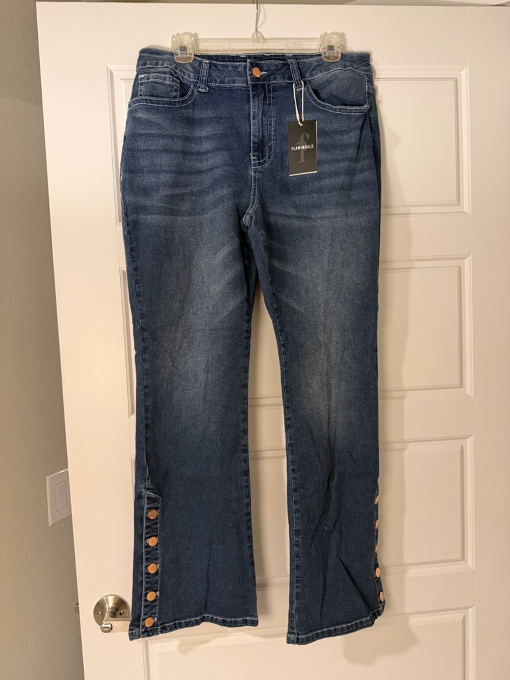 NWT Flamingals Classic Dark Blue Women's Copper Button-Hem Jeans 2XL